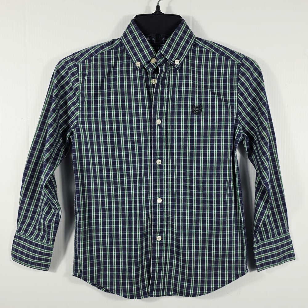 Chaps Boys Navy Blue‎ Green Plaid Long Sleeve Button Down Shirt Size 8 Stretch
